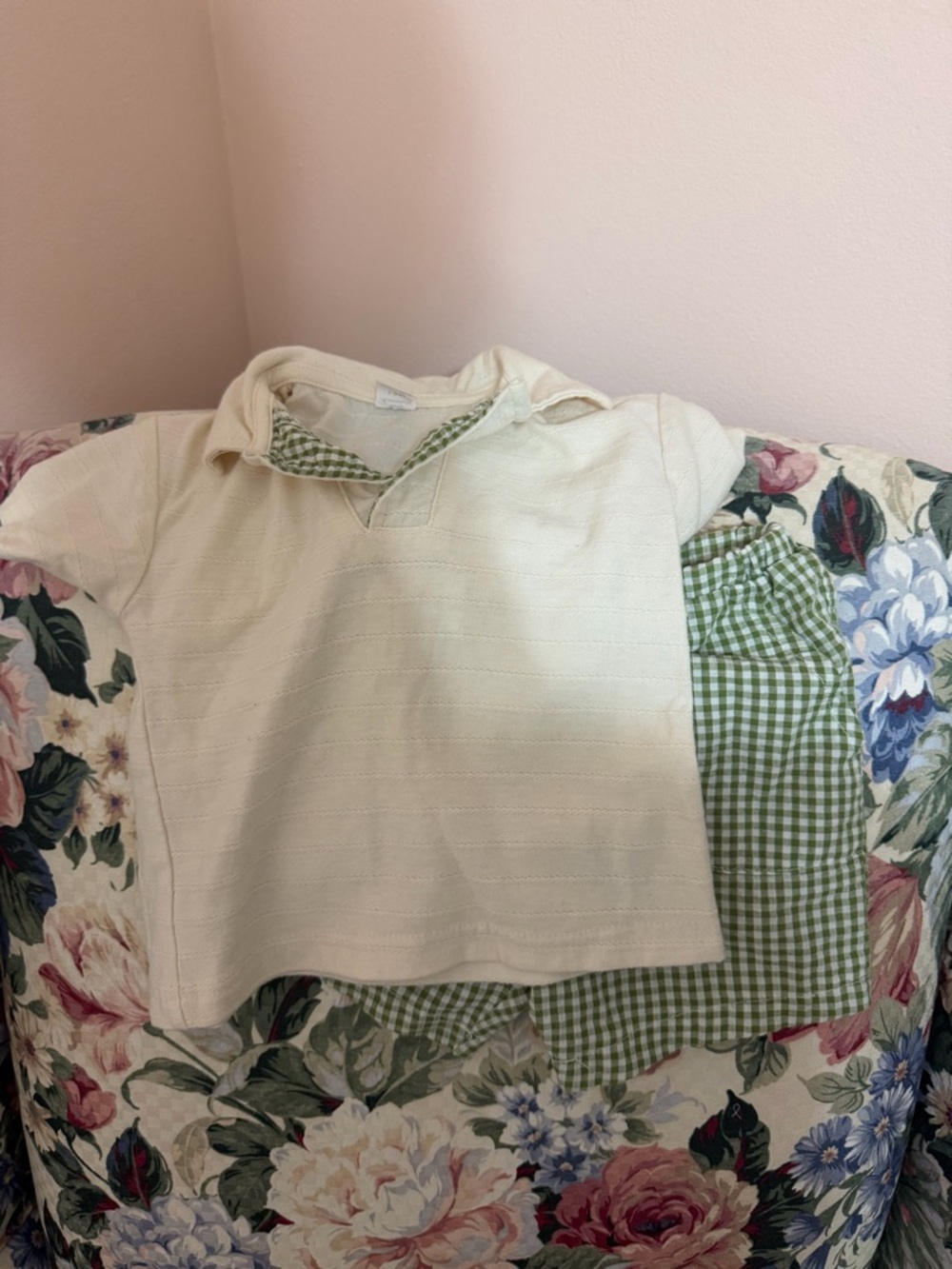 Cream Polo Shirt with Green Gingham Collar and Shorts Set - Kids